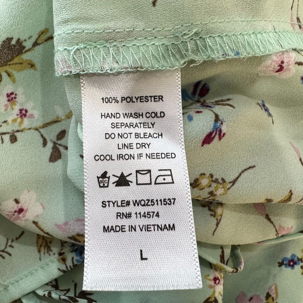 Pleione Top Sz L Sheer Green Floral Tie Around Neck Flutter Short Sleeve - Picture 7 of 7